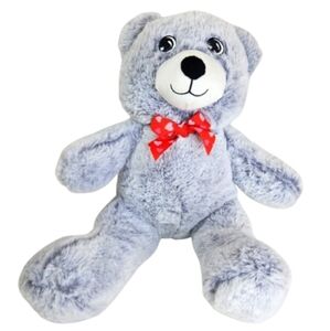 Vintage Stuffed Animal  17" Gray And Red Bow Stuff Animal Embroidery Eyes Gifted